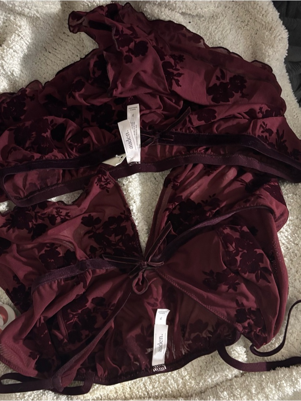 Berry-red  Lace-Trim Satin Bralette & Short Set 
Velvet feel pattern all over - Picture 4 of 4